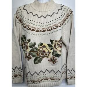 Vintage 90’s Eddie Bauer Womens S Chunky Knit Sweater Embroidered Floral Cotton
